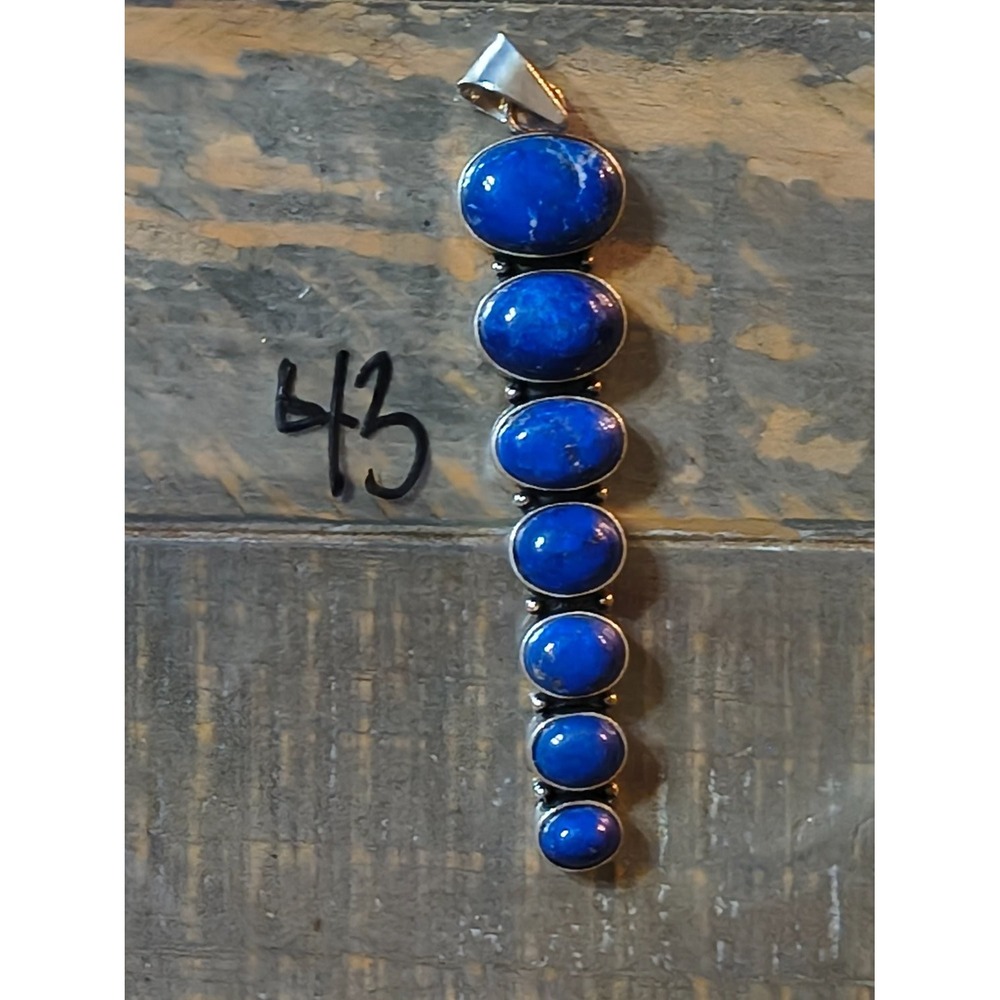 925 Sterling Silver Lapis Lazuli 7 Stone Graduated Cabochon Drop Pendant 19.2g
